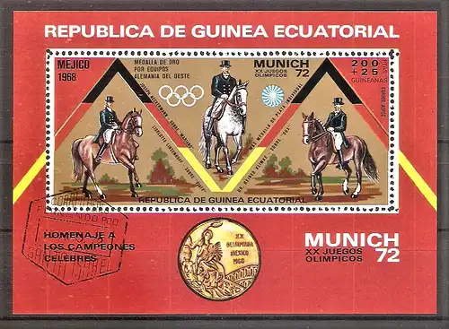 Briefmarke Äquatorial-Guinea Mi.Nr. 133 o / Block 19 o Olympiade 1972 / Reiten - Neckermann, Linsenhoff, Klimke