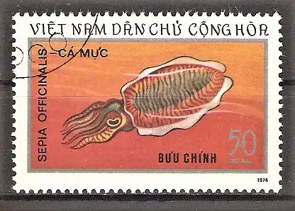 Briefmarke Vietnam Mi.Nr. 784 o Meereslebewesen 1974 / Tintenfisch (Sepia officinalis)