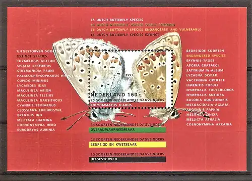 Briefmarke Niederlande Mi.Nr. 1473 ** / Block 38 ** Schmetterlinge 1993 / Hauhechel-Bläuling (Polyommatus icarus)