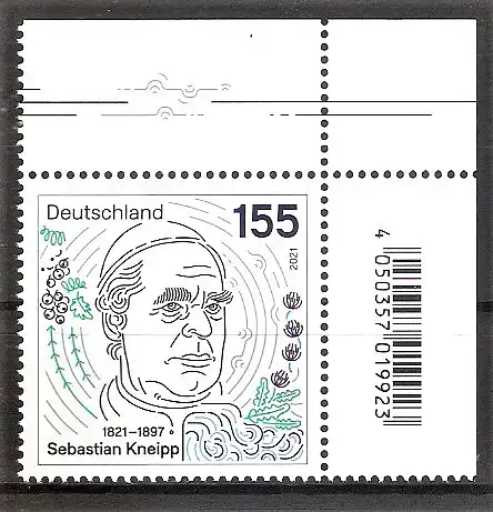 Briefmarke BRD Mi.Nr. 3598 ** Bogenecke oben rechts - Sebastian Kneipp 2021 / Priester und Naturheilkundler