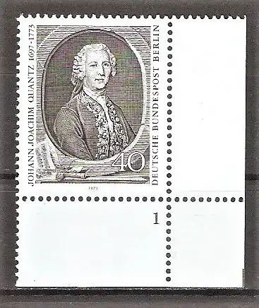 Briefmarke Berlin Mi.Nr. 454 ** Formnummer 1 / Bogenecke unten rechts - Johann Joachim Quantz 1973 / Flötist, Komponist
