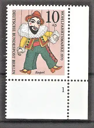 Briefmarke Berlin Mi.Nr. 373 ** Formnummer 1 / Bogenecke unten rechts - Marionetten 1970 / Kasperl