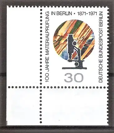 Briefmarke Berlin Mi.Nr. 416 ** Bogenecke unten links - 100 Jahre Materialprüfung in Berlin 1971 / Mikroskop