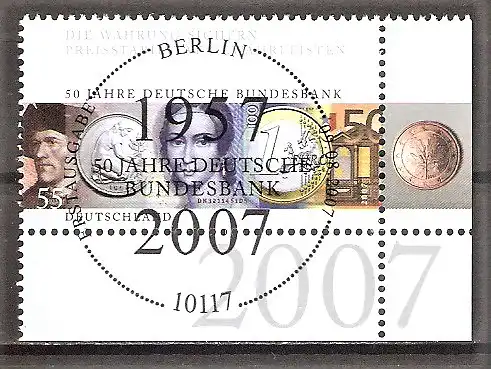 Briefmarke BRD Mi.Nr. 2618 o ESST Berlin - Bogenecke unten rechts - 50 Jahre Deutsche Bundesbank 2007