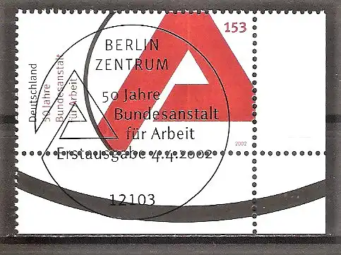 Briefmarke BRD Mi.Nr. 2249 o ESST Berlin - Bogenecke unten rechts - 50 Jahre Bundesanstalt für Arbeit 2002