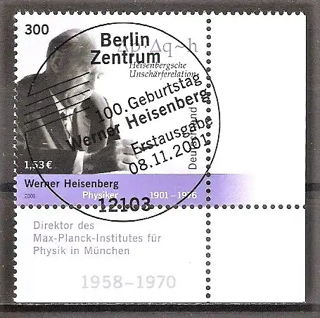 Briefmarke BRD Mi.Nr. 2228 o ESST Berlin - Bogenecke unten rechts - 100. Geburtstag von Werner Heisenberg 2001 / Physiker