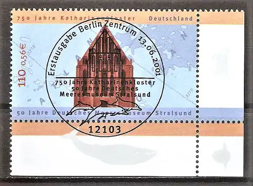 Briefmarke BRD Mi.Nr. 2195 o ESST Berlin - Bogenecke unten rechts - 750 Jahre Katharinenkloster Stralsund 2001
