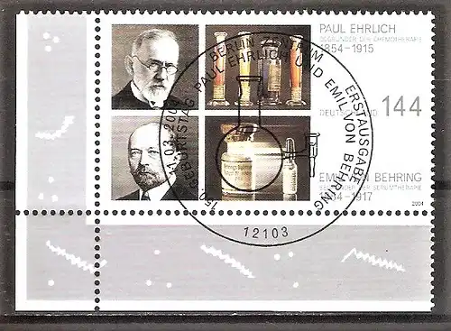 Briefmarke BRD Mi.Nr. 2389 o ESST Berlin - Bogenecke unten links - 150. Geburtstage von Paul Ehrlich und Emil von Behring 2004