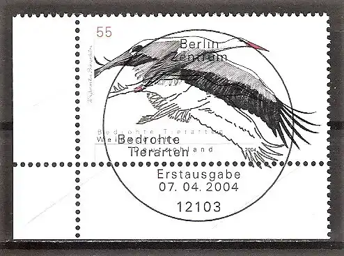 Briefmarke BRD Mi.Nr. 2393 o ESST Berlin - Bogenecke unten links - Bedrohte Tierarten 2004 / Weißstorch (Ciconia ciconia)