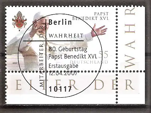 Briefmarke BRD Mi.Nr. 2599 o ESST Berlin - Bogenecke unten rechts - 80. Geburtstag von Papst Benedikt XVI. 2007