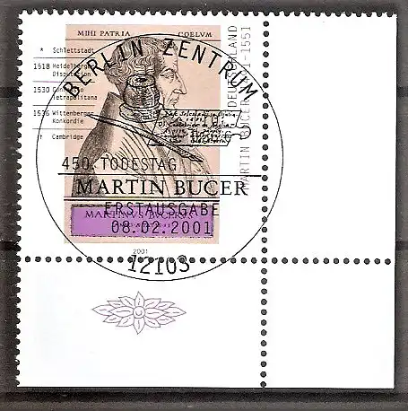 Briefmarke BRD Mi.Nr. 2169 o ESST Berlin - Bogenecke unten rechts - 450. Todestag von Martin Bucer 2001 (Reformator)