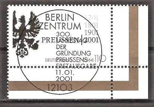 Briefmarke BRD Mi.Nr. 2162 o ESST Berlin - Bogenecke unten rechts - 300. Jahrestag der Gründung des Königreichs Preußen 2001