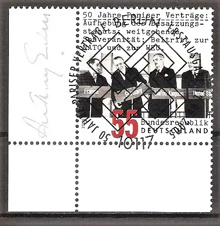 Briefmarke BRD Mi.Nr. 2459 o ESST BERLIN / BOGENECKE u.l. / 50 Jahre Pariser Verträge 2005