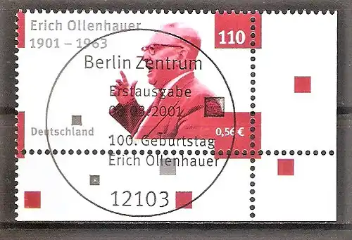 Briefmarke BRD Mi.Nr. 2174 o ESST BERLIN / BOGENECKE u.r. / 100. Geburtstag von Erich Ollenhauer 2001 / Politiker
