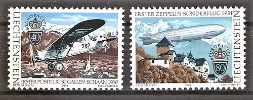 Briefmarke Liechtenstein Mi.Nr. 723-724 ** Europa CEPT 1979 / Postflugzeug AC-8 & Luftschiff LZ 127 „Graf Zeppelin“