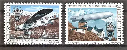 Briefmarke Liechtenstein Mi.Nr. 723-724 ** Europa CEPT 1979 / Postflugzeug AC-8 & Luftschiff LZ 127 „Graf Zeppelin“