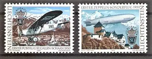 Briefmarke Liechtenstein Mi.Nr. 723-724 ** Europa CEPT 1979 / Postflugzeug AC-8 & Luftschiff LZ 127 „Graf Zeppelin“