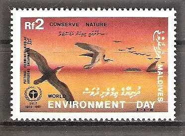 Briefmarke Malediven Mi.Nr. 1297 ** Internationaler Tag der Umwelt 1988 / Audubon-Sturmtaucher (Puffinus Iherminieri)
