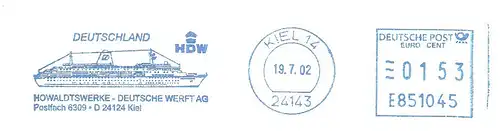 Freistempel E851045 Kiel - HDW Holwaldtswerke Deutsche Werft AG (Abb. Kreuzfahrtschiff MS "Deutschland") (#3133)