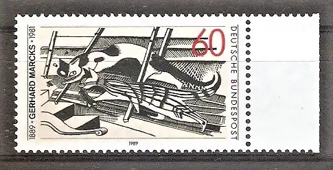 Briefmarke BRD Mi.Nr. 1410 ** Seitenrand rechts - 100. Geburtstag von Gerhard Marcks 1989 / "Katzen im Dachboden"