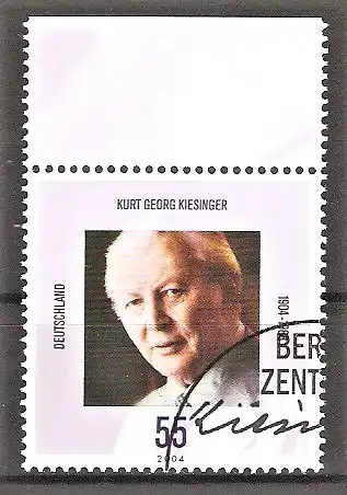 Briefmarke BRD Mi.Nr. 2396 o Oberrand - 100. Geburtstag von Kurt Georg Kiesinger 2004 / 3. Deutscher Bundeskanzler
