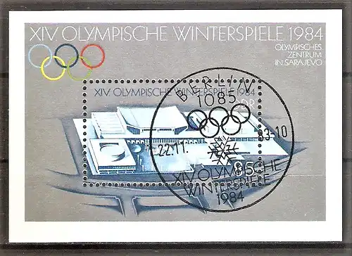 Briefmarke DDR Block 74 o (Mi.Nr. 2843) ESST BERLIN / Olympische Winterspiele Sarajevo 1984 / Olympisches Zentrum
