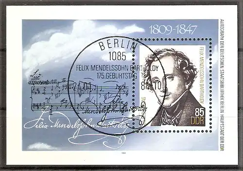 Briefmarke DDR Block 76 o (Mi.Nr. 2852) ESST BERLIN / Felix Mendelssohn Bartholdy 1984 / Komponist