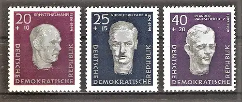 Briefmarke DDR Mi.Nr. 606-608 A ** Aufbau Nationaler Gedenkstätten 1957 / Ernst Thälmann, Rudolf Breitscheid, Paul Schneider