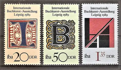 Briefmarke DDR Mi.Nr. 3245-3247 ** Internationale Buchkunstausstellung (IBA) Leipzig 1989 / Kompletter Satz !