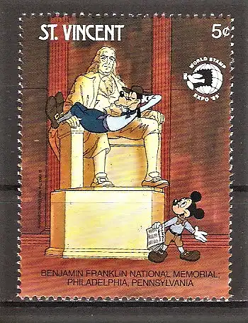 Briefmarke St. Vincent Mi.Nr. 1362 ** WORLD STAMP EXPO ’89 / Micky Maus & Goofy - Franklin-Memorial in Philadelphia