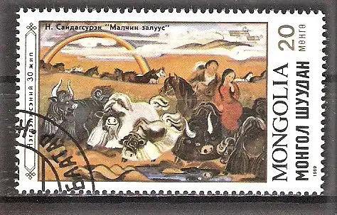 Briefmarke Mongolei Mi.Nr. 2079 o 30 Jahre Landwirtschaftliche Kooperativen 1989 / Gemälde - "Yaks an der Tränke"