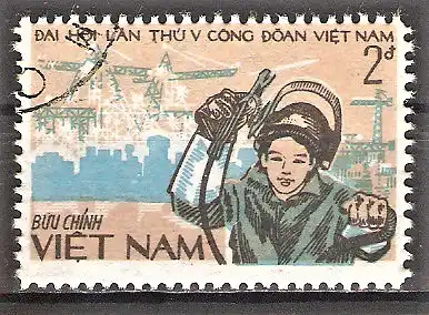 Briefmarke Vietnam Mi.Nr. 1388 o 5. Kongress der vietnamesischen Gewerkschaft 1983 / Arbeiter vor Industrieanlagen