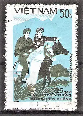 Briefmarke Vietnam Mi.Nr. 1519 o 25 Jahre Grenztruppen 1984 / Grenzsoldaten auf Pferden