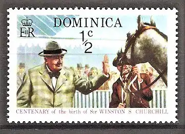Briefmarke Dominica Mi.Nr. 404 ** 100. Geburtstag von Winston Spencer Churchill 1974 / Churchill beim Pferderennen