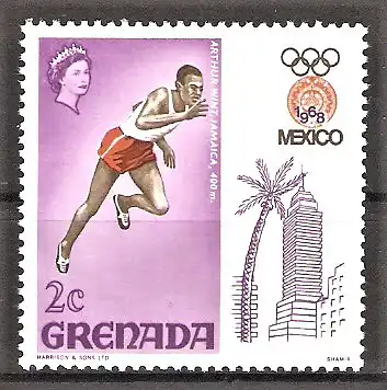 Briefmarke Grenada Mi.Nr. 272 ** Olympische Sommerspiele Mexiko 1968 / Arthur Wint, Jamaica, 400-m-Lauf
