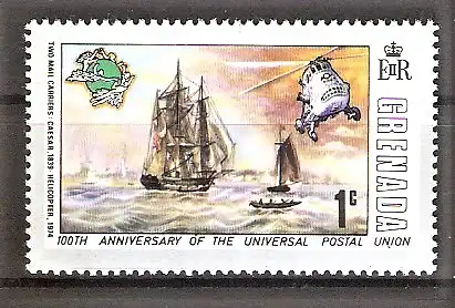Briefmarke Grenada Mi.Nr. 590 ** 100 Jahre Weltpostverein (UPU) 1974 / Segelschiff „Caesar“ (1839) & Helikopter (1974)