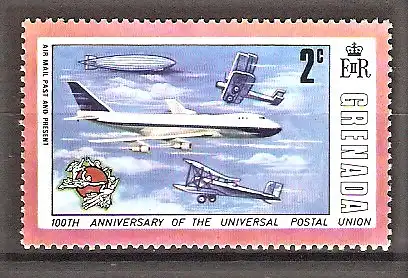 Briefmarke Grenada Mi.Nr. 591 ** 100 Jahre Weltpostverein (UPU) 1974 / Luftpostbeförderung - Zeppelin und Flugzeuge