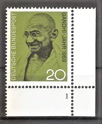 Briefmarke BRD Mi.Nr. 608 ** Formnummer 1 / Bogenecke unten rechts - Mahatma Gandhi 1969