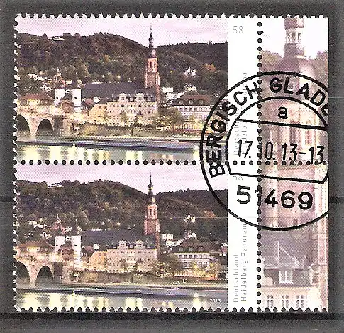 Briefmarke BRD Mi.Nr. 3029 o Senkrechtes Paar, Seitenrand rechts - Ortsstempel Bergisch Gladbach / Stadtansicht von Heidelberg 2013