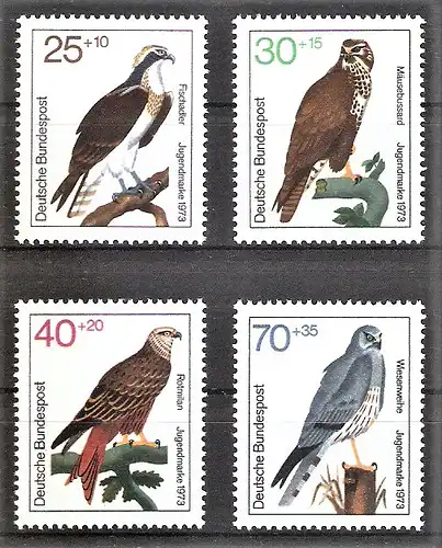 Briefmarke BRD Mi.Nr. 754-757 ** Greifvögel 1973 / Fischadler, Mäusebussard, Rotmilan, Wiesenweihe / Kompletter Satz !