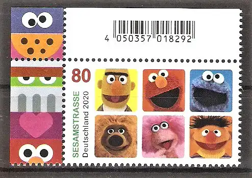 Briefmarke BRD Mi.Nr. 3530 ** Bogenecke oben links - Fernsehserie Sesamstraße 2020 Bert, Elmo, Krümelmonster, Samson, Tiffy, Ernie