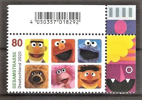 Briefmarke BRD Mi.Nr. 3530 ** Bogenecke oben rechts - Fernsehserie Sesamstraße 2020 Bert, Elmo, Krümelmonster, Samson, Tiffy, Ernie
