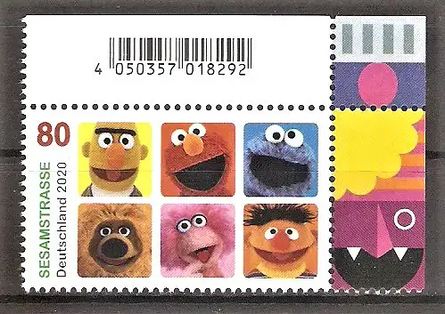 Briefmarke BRD Mi.Nr. 3530 ** Bogenecke oben rechts - Fernsehserie „Sesamstraße“ 2020 / Bert, Elmo, Krümelmonster, Samson, Tiffy, Ernie - Figuren aus der Kinderfernsehserie „Sesamstraße“
