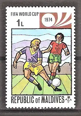 Briefmarke Malediven Mi.Nr. 521 A ** Fussballweltmeisterschaft Deutschland 1974 / Spielszene