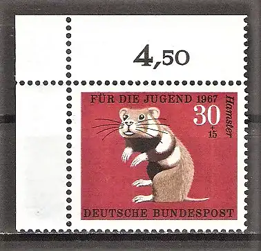 Briefmarke BRD Mi.Nr. 531 ** Bogenecke oben links - Pelztiere 1967 / Feldhamster (Cricetus cricetus)
