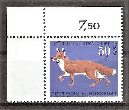 Briefmarke BRD Mi.Nr. 532 ** Bogenecke oben links - Pelztiere 1967 / Rotfuchs (Vulpes vulpes)