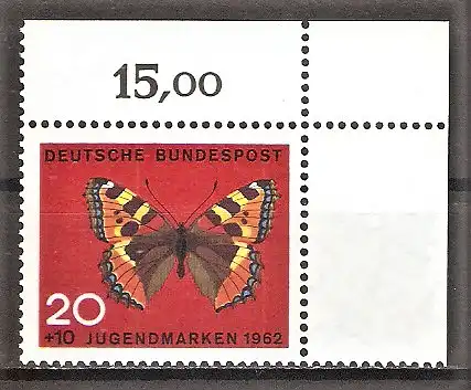 Briefmarke BRD Mi.Nr. 378 ** Bogenecke oben rechts - Schmetterlinge 1962 / Kleiner Fuchs (Aglais urticae)
