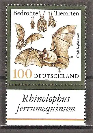 Briefmarke BRD Mi.Nr. 2086 ** Unterrand - Bedrohte Tierarten 1999 / Fledermaus - Große Hufeisennase (Rhinolophus ferrumequinum)