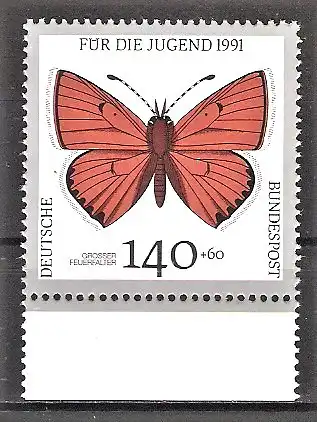 Briefmarke BRD Mi.Nr. 1519 ** Unterrand - Gefährdete Schmetterlinge 1991 / Großer Feuerfalter (Lycaena dispar)