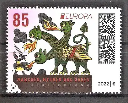 Briefmarke BRD Mi.Nr. 3687 ** Europa CEPT 2022 / Geschichten und Mythen - Ritter kämpft gegen dreiköpfigen Drachen